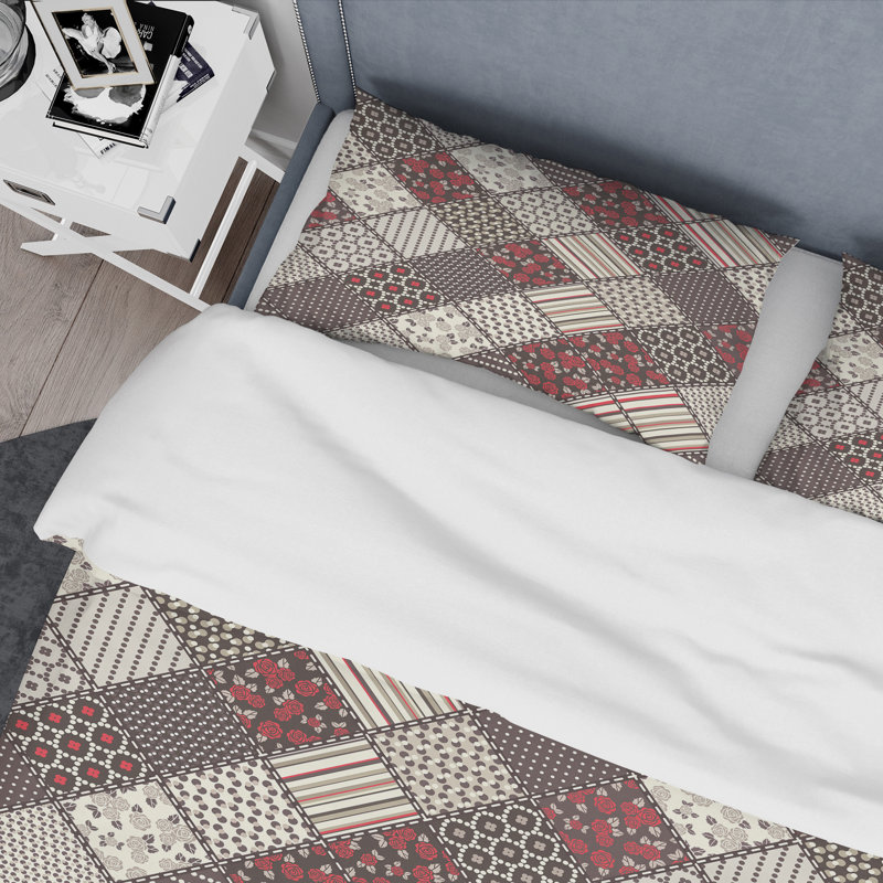 Patchwork brun et gris - ensemble de housse de couette abstrait - microfibre de polyester