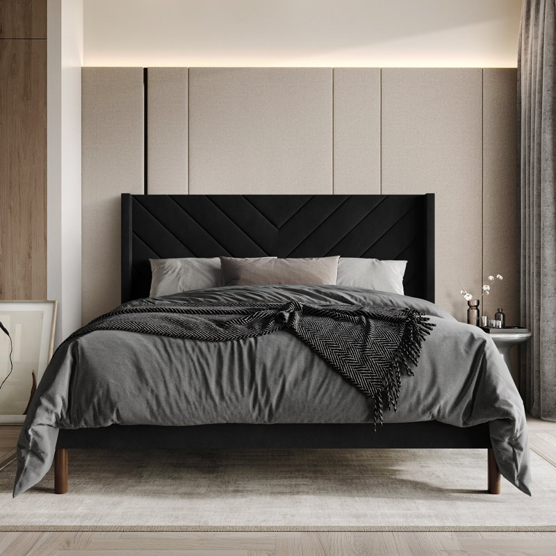 Velvet Upholstered Wingback Bed, Black, Queen