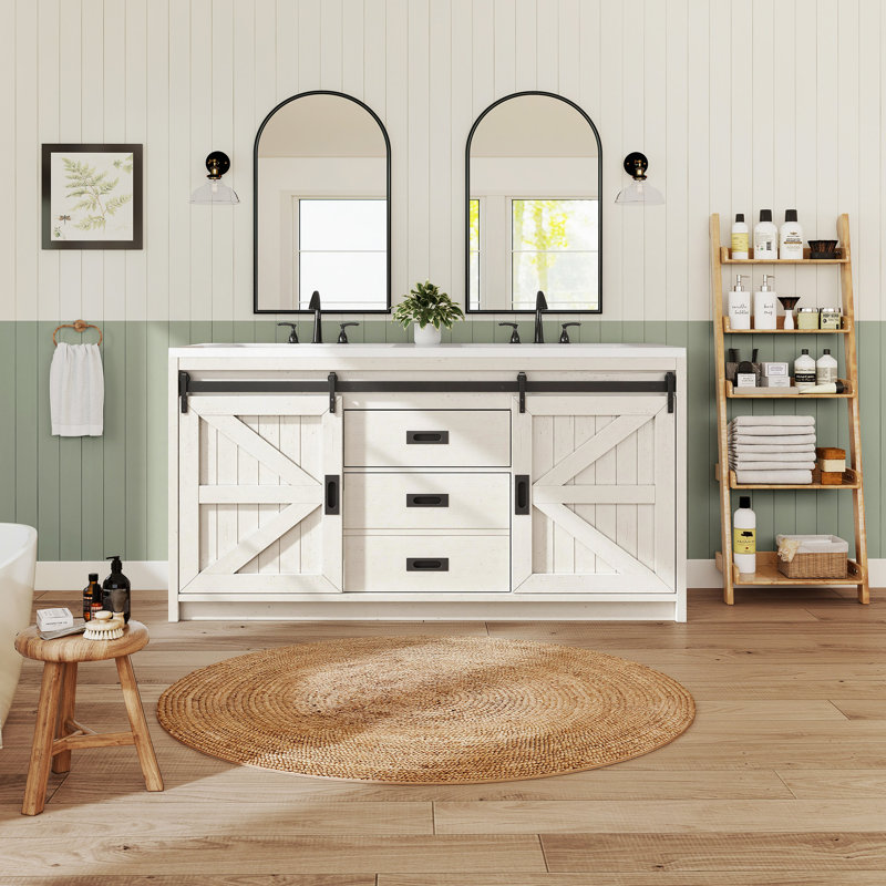 Ensemble de meuble-lavabo double en bois manufacturé 2 tiroirs 2 portes Chimira, 33.7" H x 60" W x 21.7" D, Blanc rustique