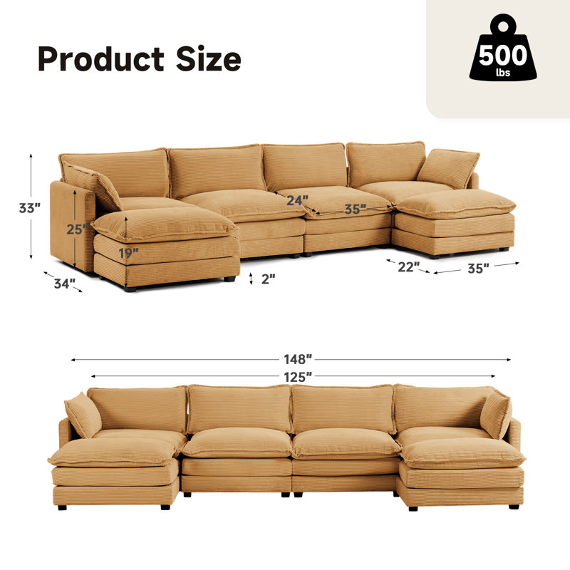Redenius 6-Piece 148'' Upholstered U-Shape Sectional, Yellow Corduroy