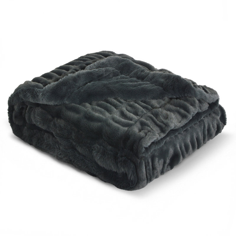 Faux Fur Throw Blanket - 50X60 Inch Luxury Rouched Design - Soft Plush Blanket For Couch, Sofa, And Bed - Premium Warm Cozy Home Decor - Grey
