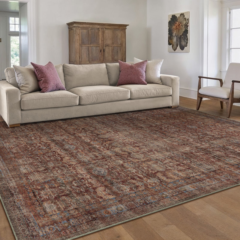 Vintage Full Pattern Washable Area Rug With Non Slip Backing, Rectangle 5' x 7'