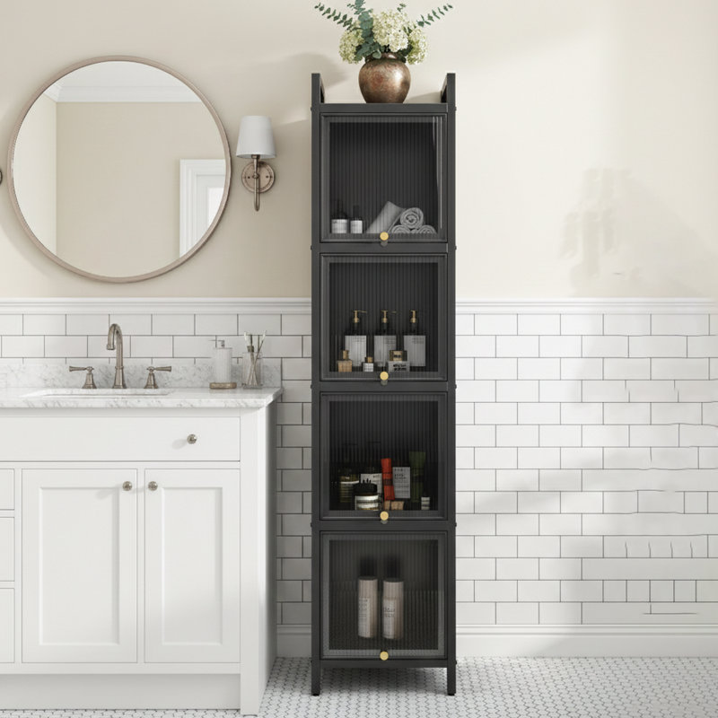 Modern Four-Tier Glass Door Cabinet With Five-Tier Storage, Ideal For Entryway, Living Room, Bathroom, And Dining Room In Black