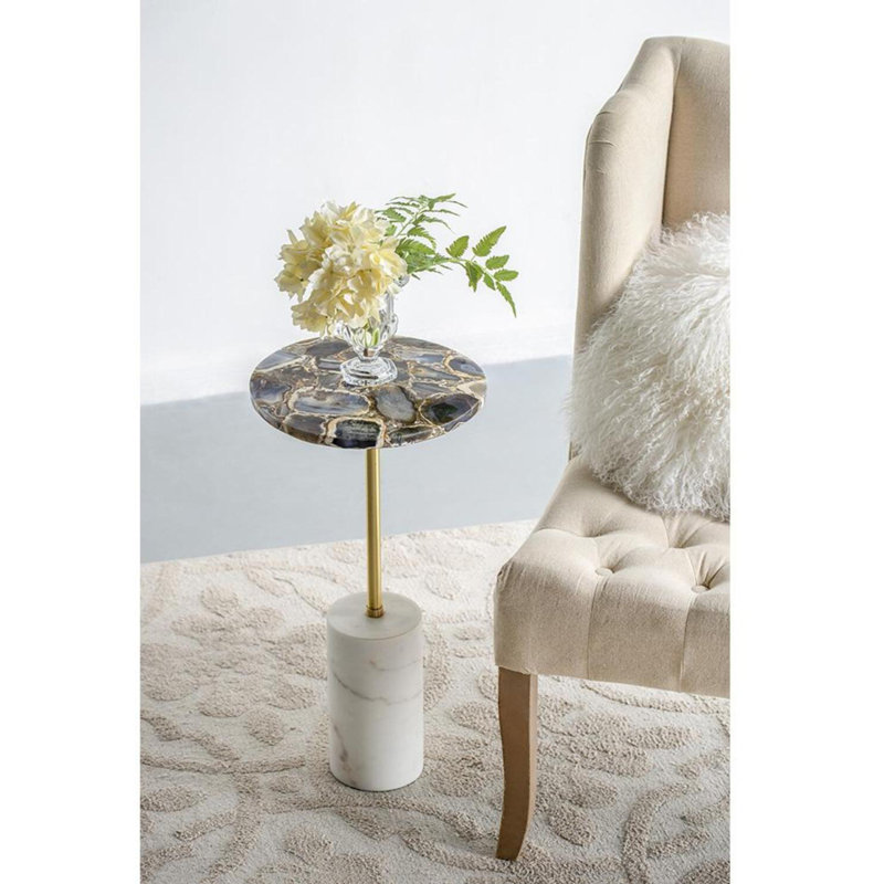 D12x24" Black Agate Brass Side Table With Cylindrical Marble Base, Black