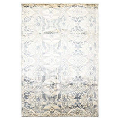 6'2''x9'1'' Hand Knotted 100% Bamboo Silk Ivory Indo Tibetan Transitional Rug