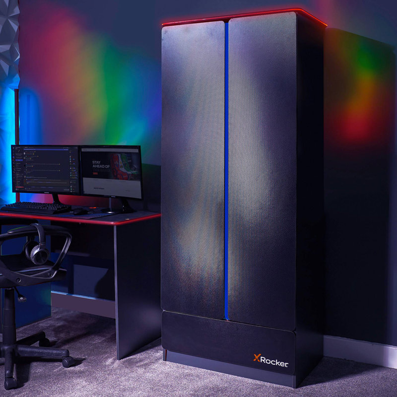X Rocker Carbon-Tek LED 2-Door Wardrobe with Drawer - Grey / Blue RGB
