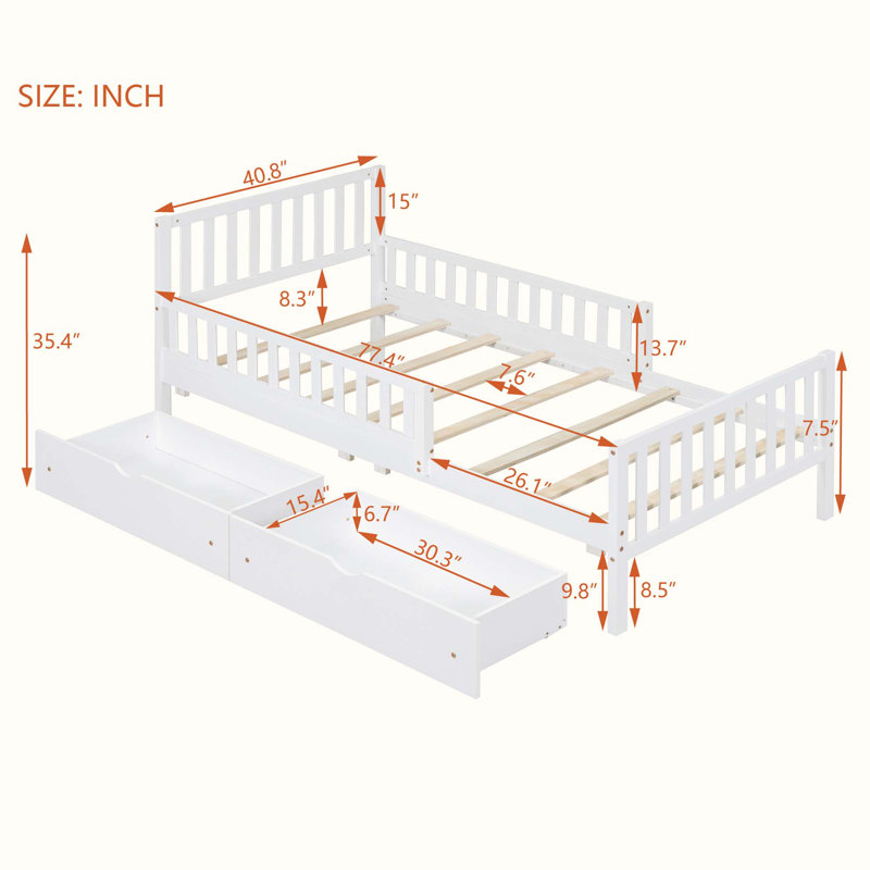 Curits 2 Drawers Platform Bed with Guardrails, Twin, White