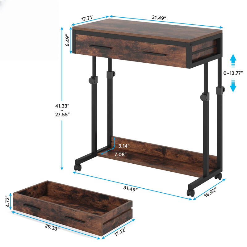 Bureau portable pour ordinateur portable avec tiroir et roulettes