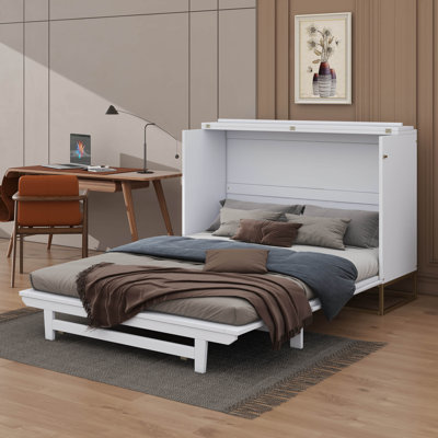 Grand lit escamotable Murphy avec portes en verre givré, faux tiroirs, pieds en métal,