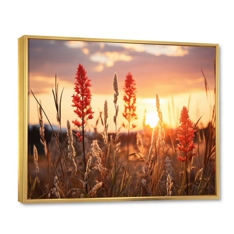 " Wildflowers Field With Sunset ", 30" H x 40" W x 1.5" D, Gold Floater Framed