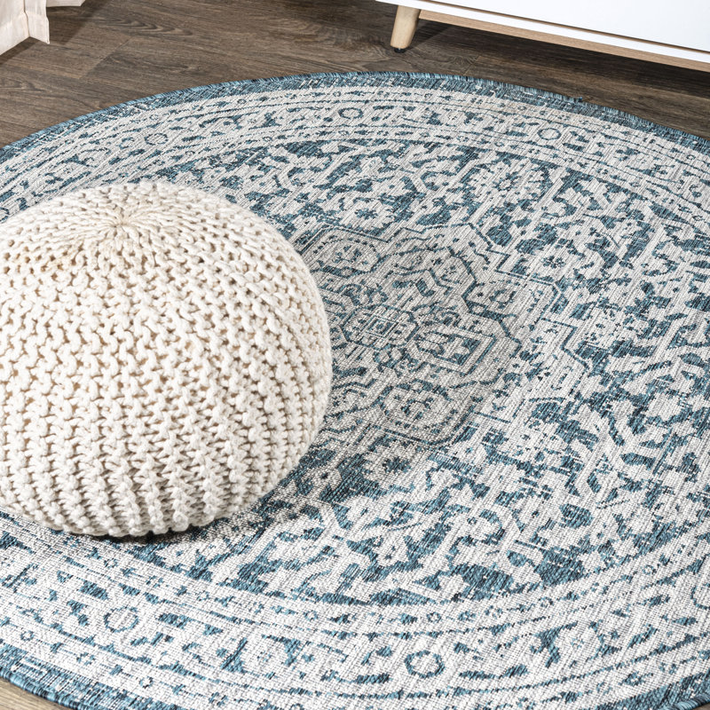 Moten Medallion Textured Weave Teal Blue/Gray Indoor/Outdoor Rug, Round 6'7"