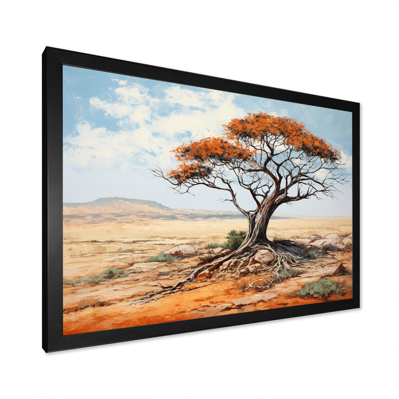 «African Desert Tree Survivor» - Art mural africain, Cadre d'angle fermé noir, H 12 po x l 20 po x P 1 po