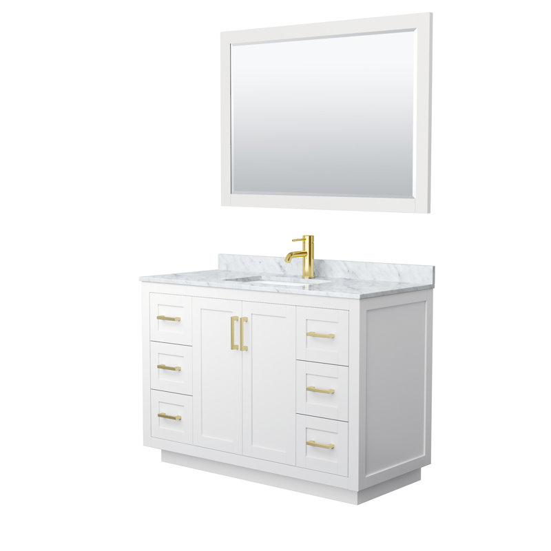 Ensemble de meuble-lavabo simple autoportant 48 po avec plateau en marbre Miranda, Blanc, Or brossé
