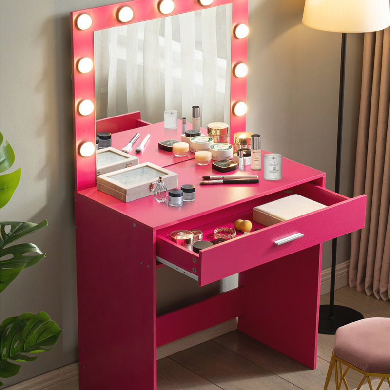 Leeandrew Vanity Desk with Drawers, Cabinet, Stool & Charging Ports, Pink w/Mirror