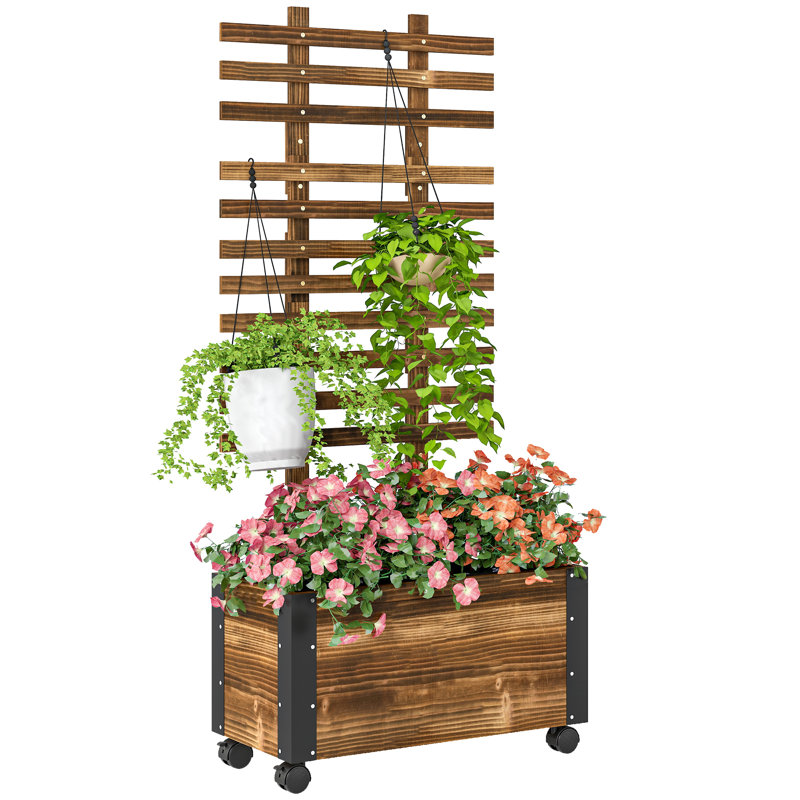 Wooden Raised Garden Bed, Planter Box W/ Trellis And Metal Corners, Portable On Wheels For Patio, Backyard, Deck, Brown