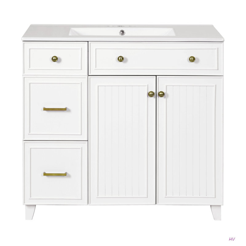 Meuble-lavabo de 36 po avec lavabo en céramique, tiroirs standard et double couche, portes à fermeture en douceur, tablettes réglables, armoire de rangement moderne pour petites et moyennes salles de bain