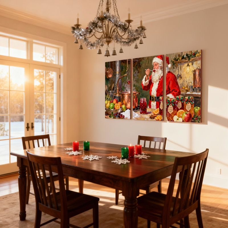 Ensemble de 3 impressions sur toile, "Christmas Santa Fabrication Holiday Jam In Kitchen", H 30 po x l 60 po