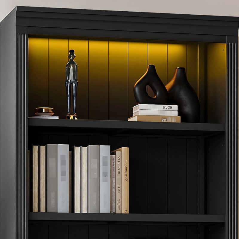 Bibliothèque à 5 espaces de rangement, bois massif, tablettes réglables, DEL, noir pour bibliothèque haute 85,69 ", crayon