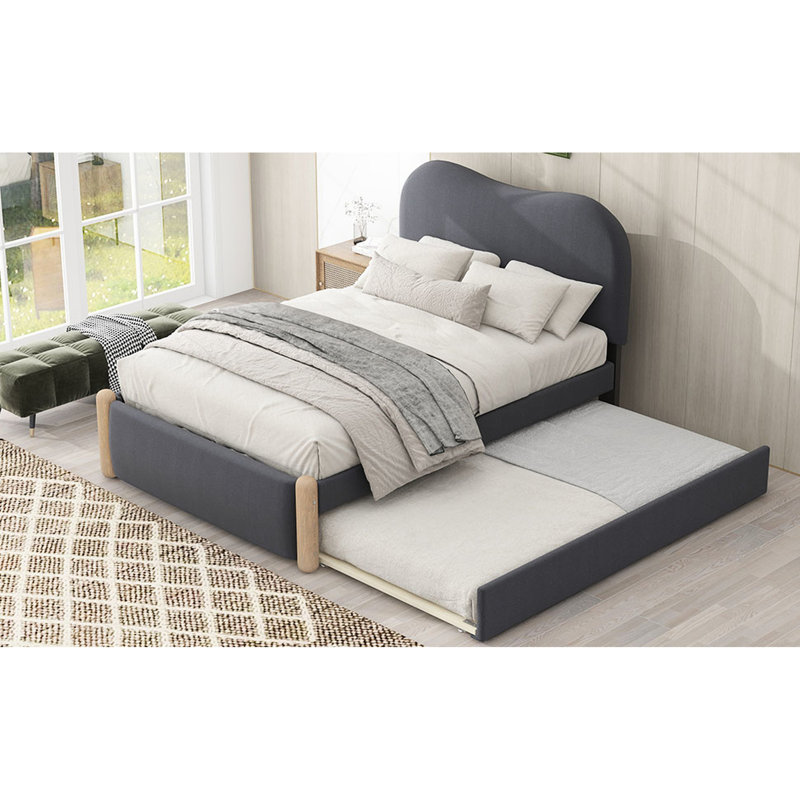 Lit plateforme simple tapissier gris avec lattes en bois et lit gigogne gigogne, -, sans sommier, design, Lit simple, Gris