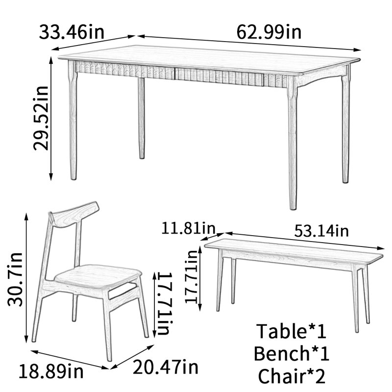 Ensemble de table de salle à manger Simple, H 29,52 po x L 62,99 po x l 33,46 po