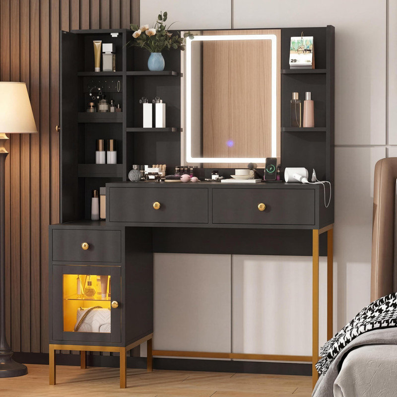 Meuble-lavabo noir avec miroir et lumières, table de maquillage à DEL avec station de charge et rangement pour bijoux pour la chambre à coucher