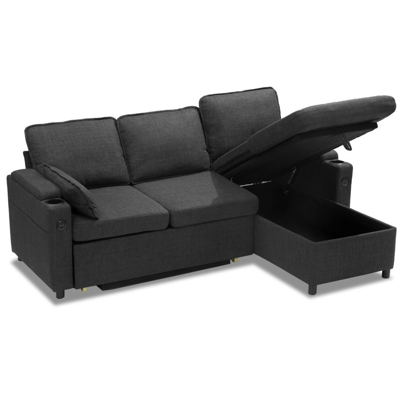 L Shaped Sofa Sleeper & Chaise, Dark Grey