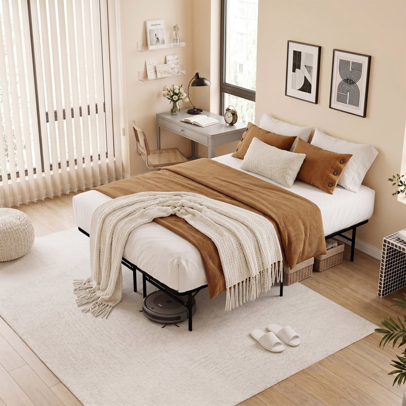 Structure de lit plateforme en métal 14 po avec support à 12 pieds, aucun sommier requis, taille double