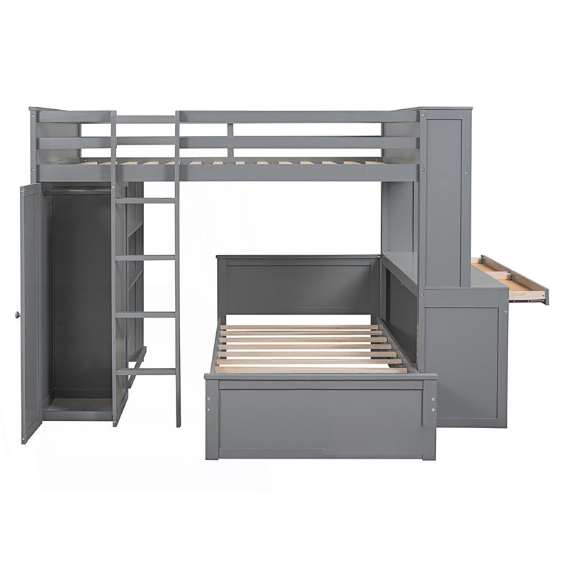 Lit mezzanine double avec lit simple, tablettes, bureau et garde-robe, Gris
