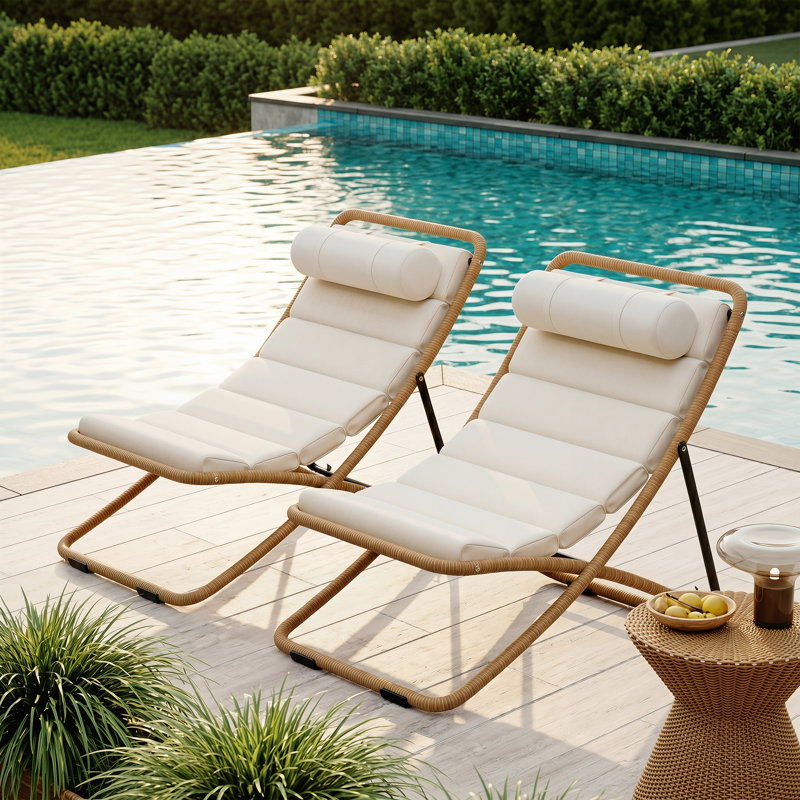 Chaise pliante d'extérieur enveloppée de rotin (ensemble de 2), avec dossier réglable, coussin épais, Jaune