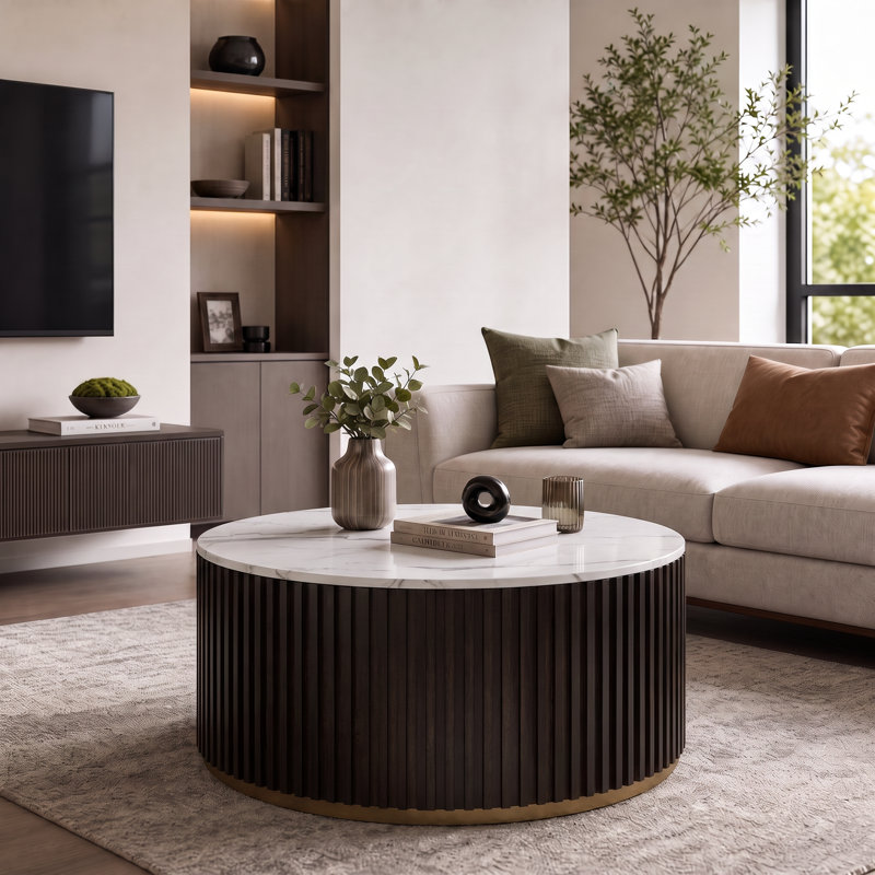 31" Round Coffee Table with Storage, Faux Marble Top Drum Coffee Table