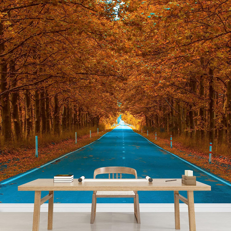 Murale route à travers les arbres de la forêt d'automne, L 100 po x l 144 po