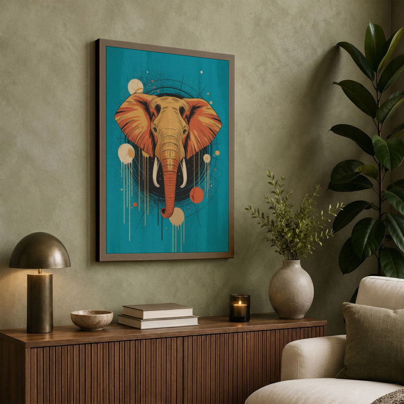 Elephant In Turquoise Modern - Print, 24x16 - 61.0 x 40.6 cm, Black Border