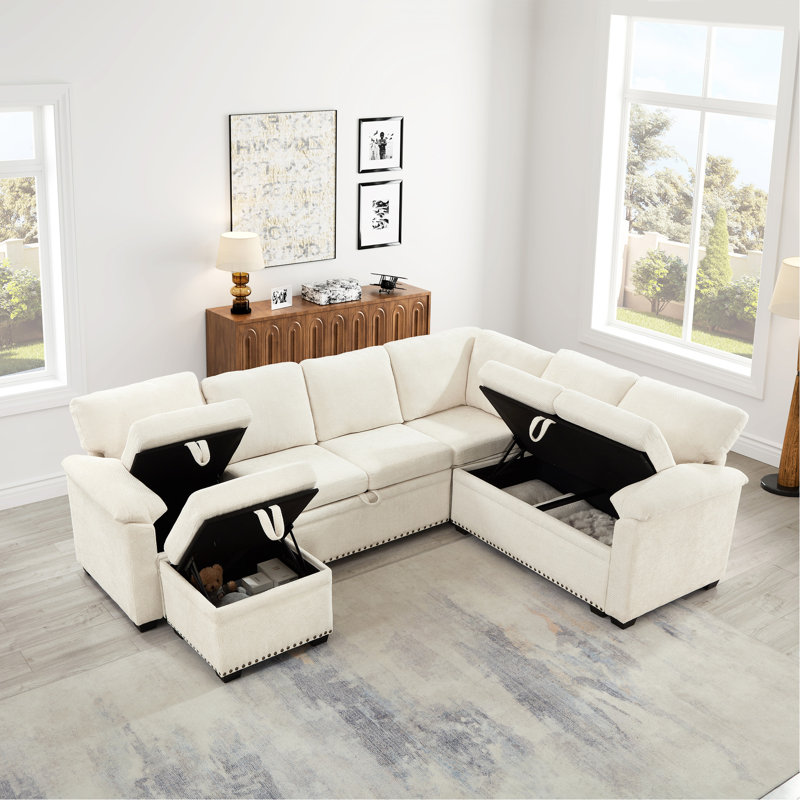 Canapé modulaire en chenille en L beige de 97 po avec rangement et 7 sièges en option pour la maison
