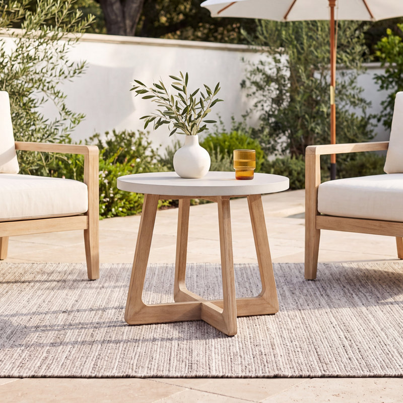 Mahi 24" W Round Solid Eucalyptus Outdoor Side Table with Concrete Top