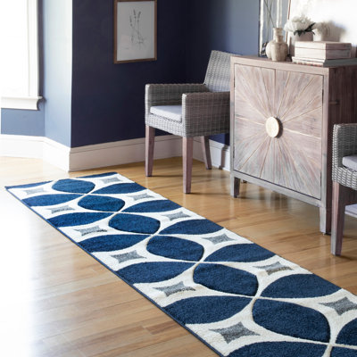 Tapis gris à motif de treillis pour le salon, la chambre à coucher, la salle à manger et la cuisine Mcfetridge, bleu marine / blanc