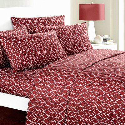 Geometric Leaf Print Bedding Set - Super Soft Two-Tone Deep Pocket Sheets with Bonus Pillowcases in Red Brick Palette - 6 Piece Ensemble