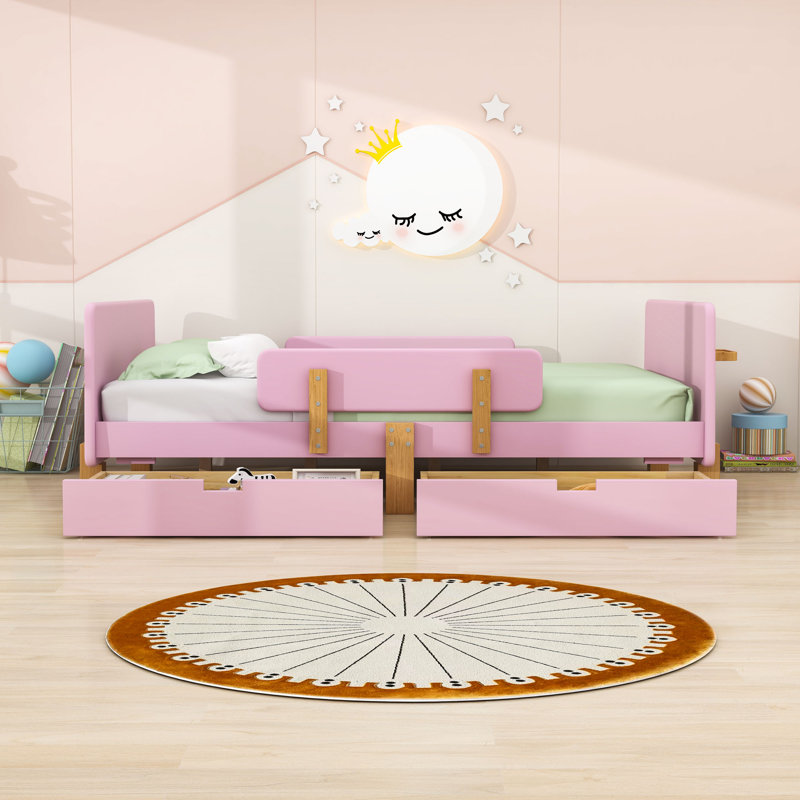 Lit plateforme 2 tiroirs en bois avec tablette, crochets et garde-corps, Double, Rose