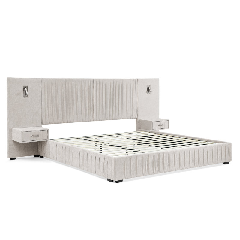 Structure de lit tapissier grand format avec tissu en chenille plissé, lit plateforme grand format avec tête de lit et structure solide et table de chevet. Pas besoin de sommier tapissier - beige