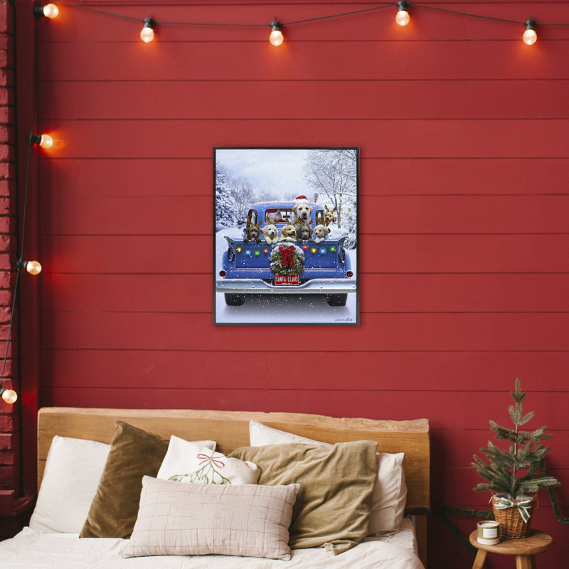 «Christmas Tailgate Puppies», estampe numérique de Jadei, Giclée encadrée noir minuit, H 30 po x l 24 po