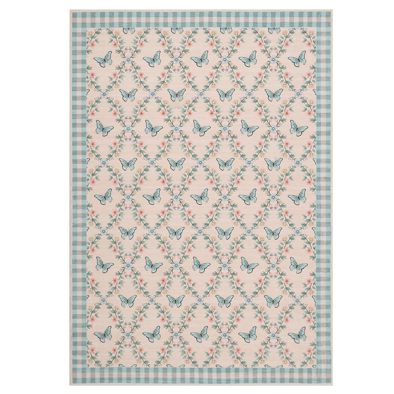 Washable Area Rug 8x10 Large Foldable Green Floral Butterflies Rug for Living Room Stain Resistant Non Slip Carpet, Low Pile Ultra Soft Floor Cover
