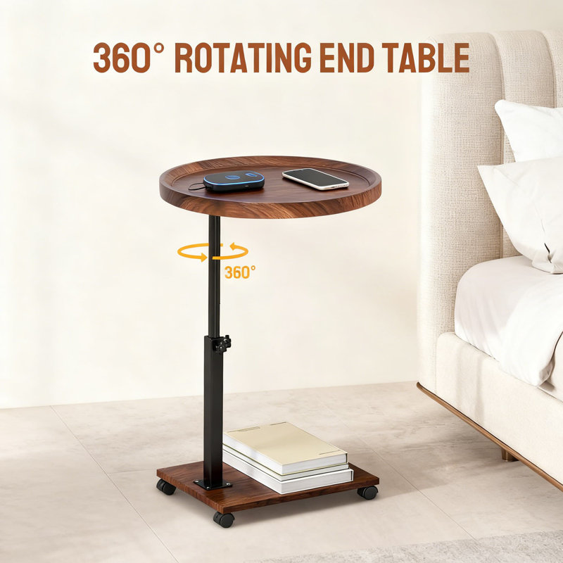 Table d'appoint en forme de C avec roulettes et table de bout pivotante à 360 ° à hauteur réglable pour canapé, chevet, salon, chambre à coucher et petits espaces