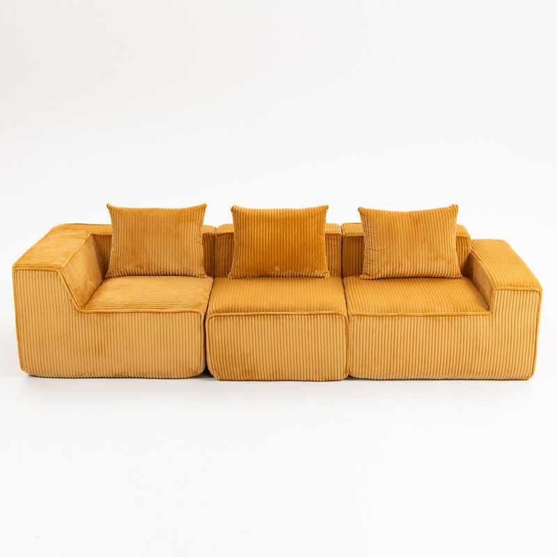Velours côtelé orange doux à 3 places avec compression modulaire, sans assemblage, idéal pour les espaces de vie principaux