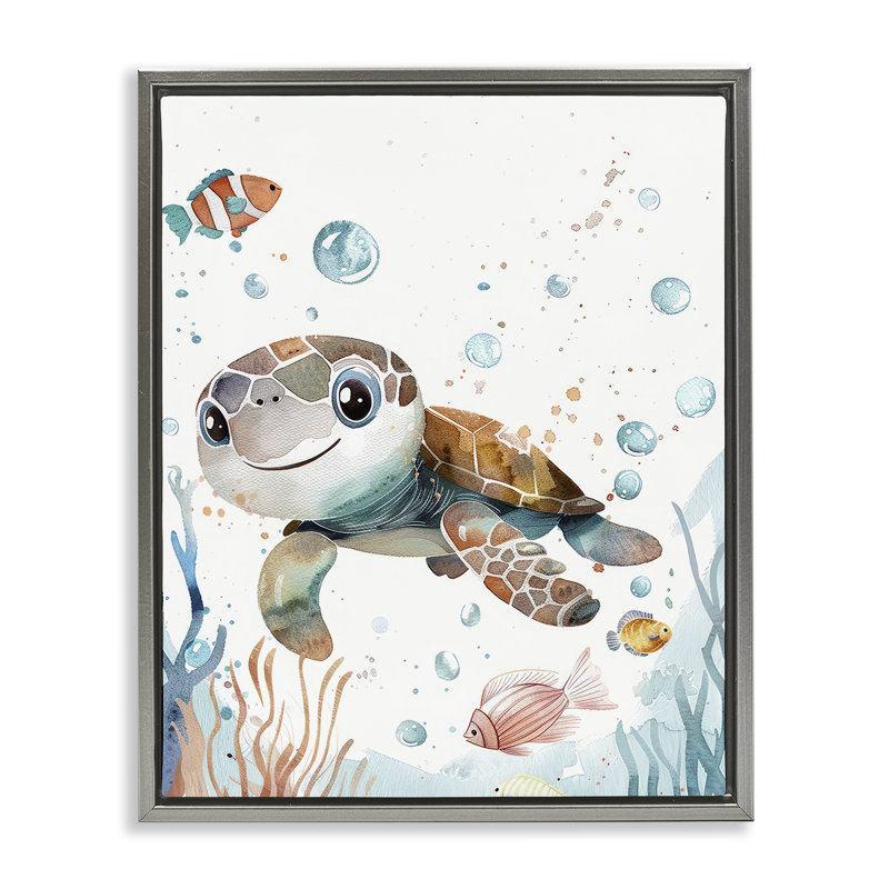  «Sourire bébé tortue», art mural encadré par Franklyn Gregory, H 21 po x l 17 po, Cadre flottant gris lustré