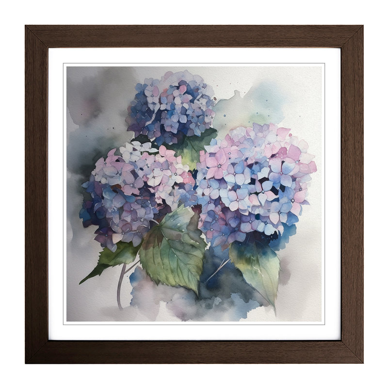 Hydrangea Watercolour No.1 - Single Picture Frame Print on Wood, Walnut