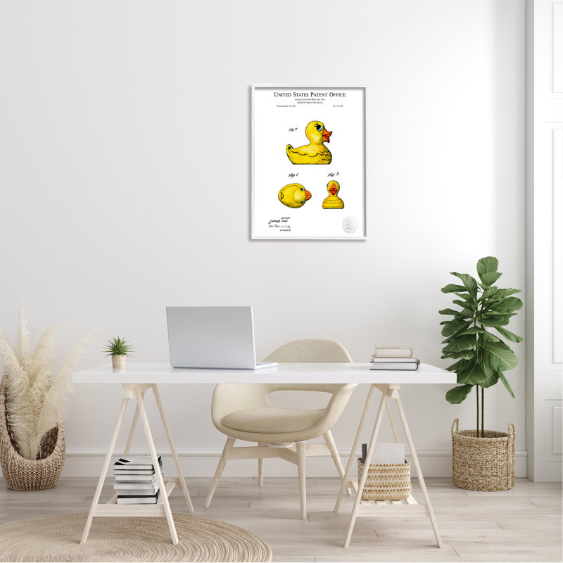 Schéma de conception de jouet canard en caoutchouc jaune, L 24 po x H 24 po, Giclée encadrée noir minuit
