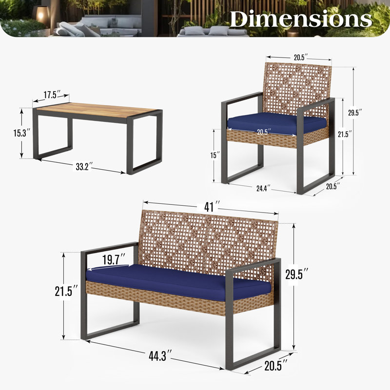 Armantine Darb Stylish 4-Person Wicker Patio Set, Brown, Navy Performance