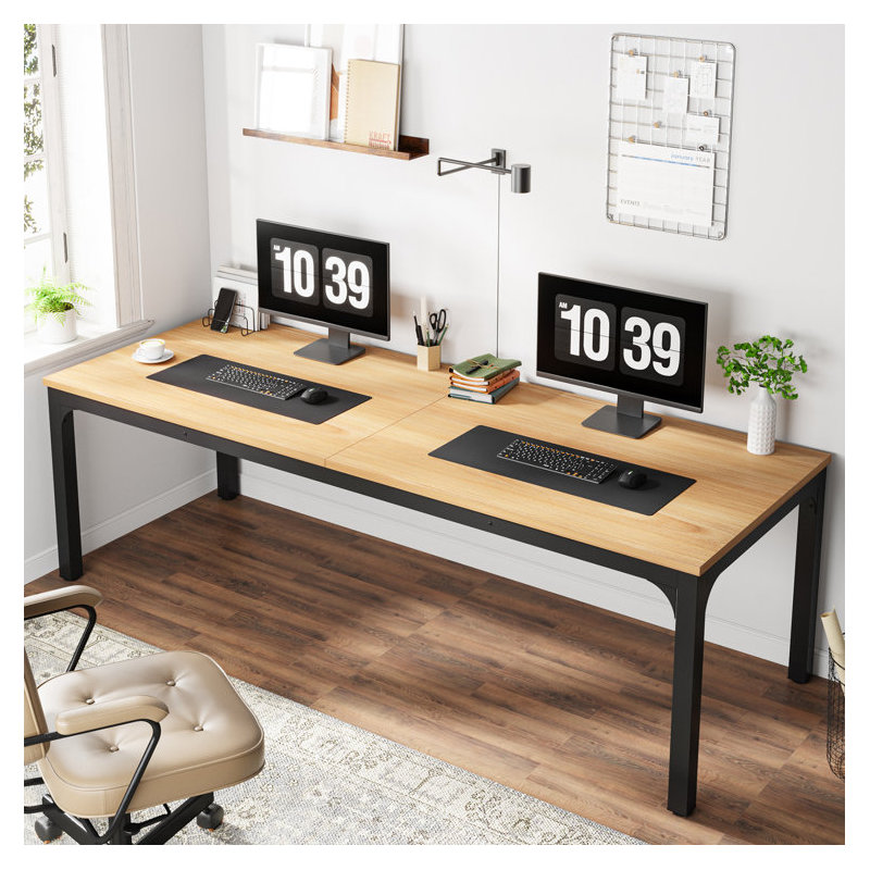 200cm W Metal Base Computer Desk, Natural, Black