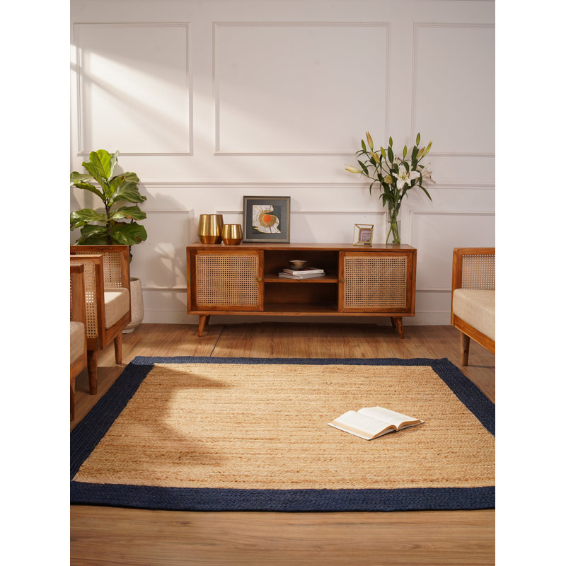 Wiedman Hand Woven Jute Eco-Friendly Solid Area Rugs - Square, Beige Blue Color, Contemporary Modern Design, Low Pile, Natural Fiber, Outdoor Indoor Handmade Area Rugs for Living Room, Bed Room