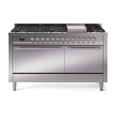 Cuisinière à double combustible ILVE Nostalgie II Series 60 po avec 9 brûleurs scellés et plaque de cuisson (gaz naturel, porte pleine)