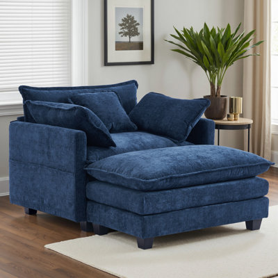 Chaise Lounge Chair Indoor with Ottoman, Oversized Chenille Lounge Sofa Chair, Comfy Reading Chair with Double-sided Armrest and Lumbar Support for Be by Mercer41